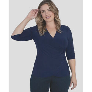 Kiyonna Top 2X Femme Fatale Faux Wrap Dusty Blue Ruched Sexy Versatile Packable